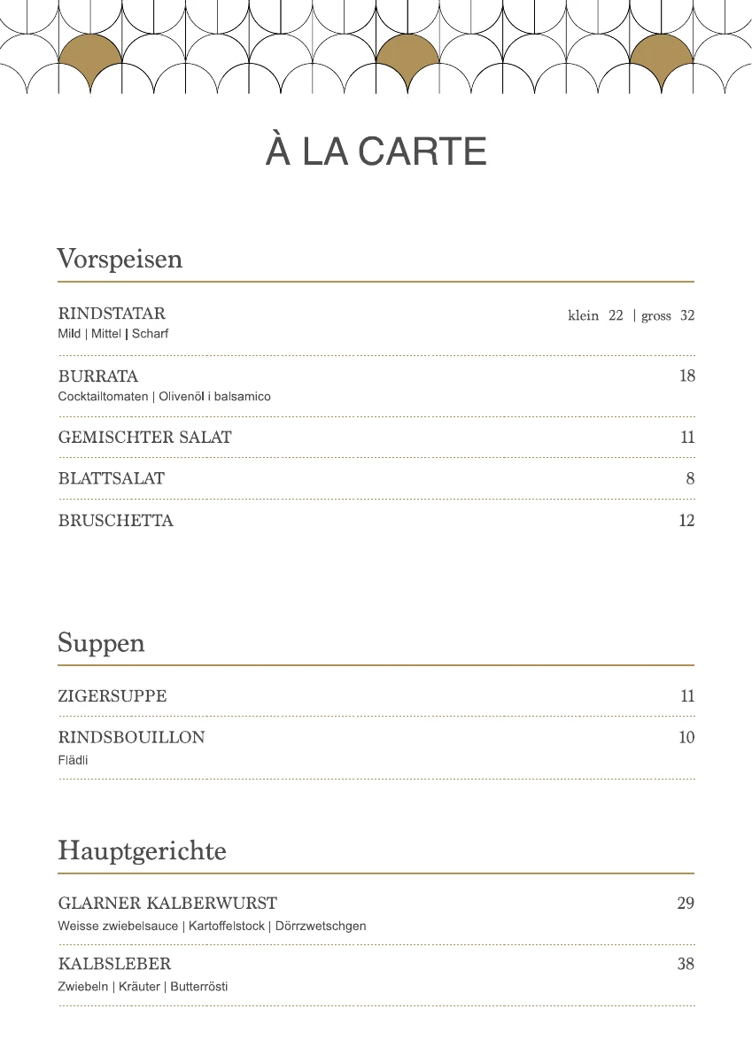 À-la-carte-Speisekarte (Deutsch)